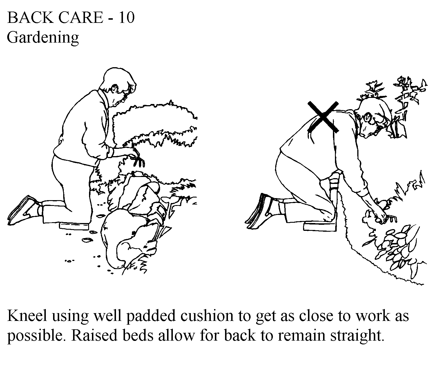 Image of woman gardening when kneeling on pad compared to woman bending at the spine